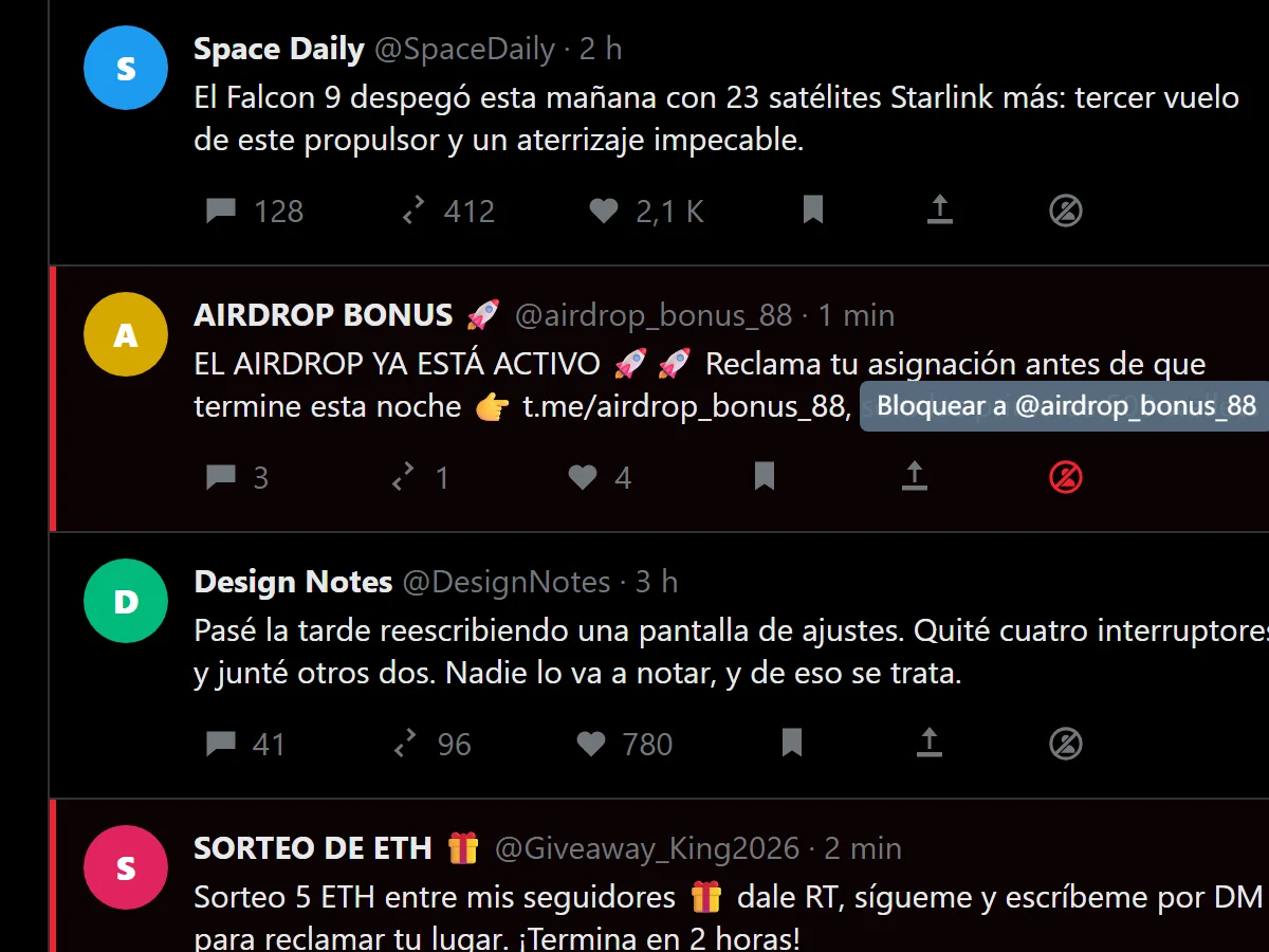 Icono de bloqueo con un clic en la barra de acciones de una publicación de X, con la ayuda Bloquear a @airdrop_bonus_88