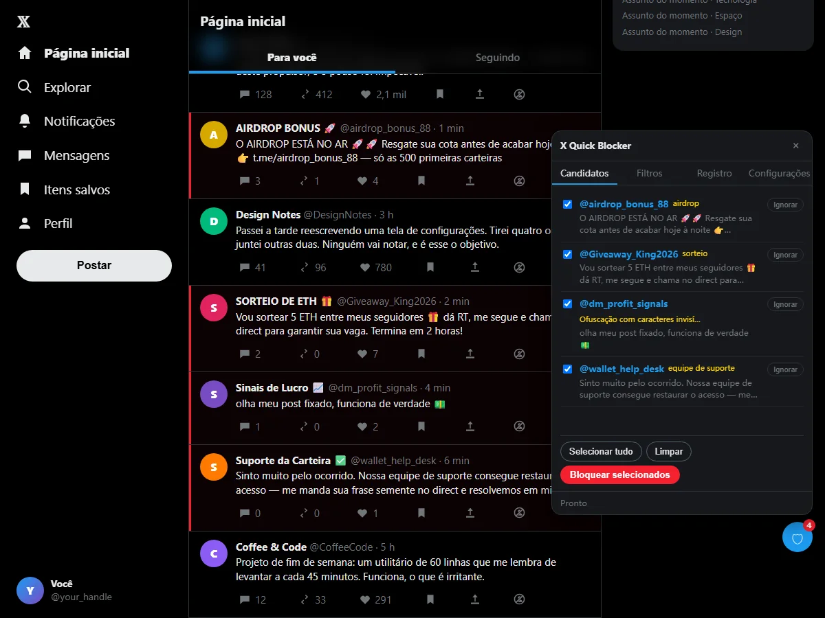 Um candidato no X Spam Blocker rotulado Ofuscação com caracteres invisíveis (57%)