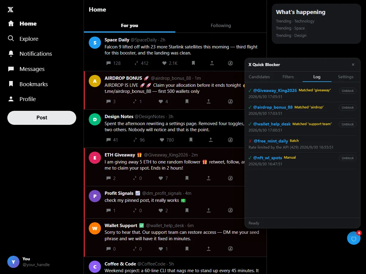 The Log tab of X Blocker listing blocked accounts with the matched rule and an Unblock button