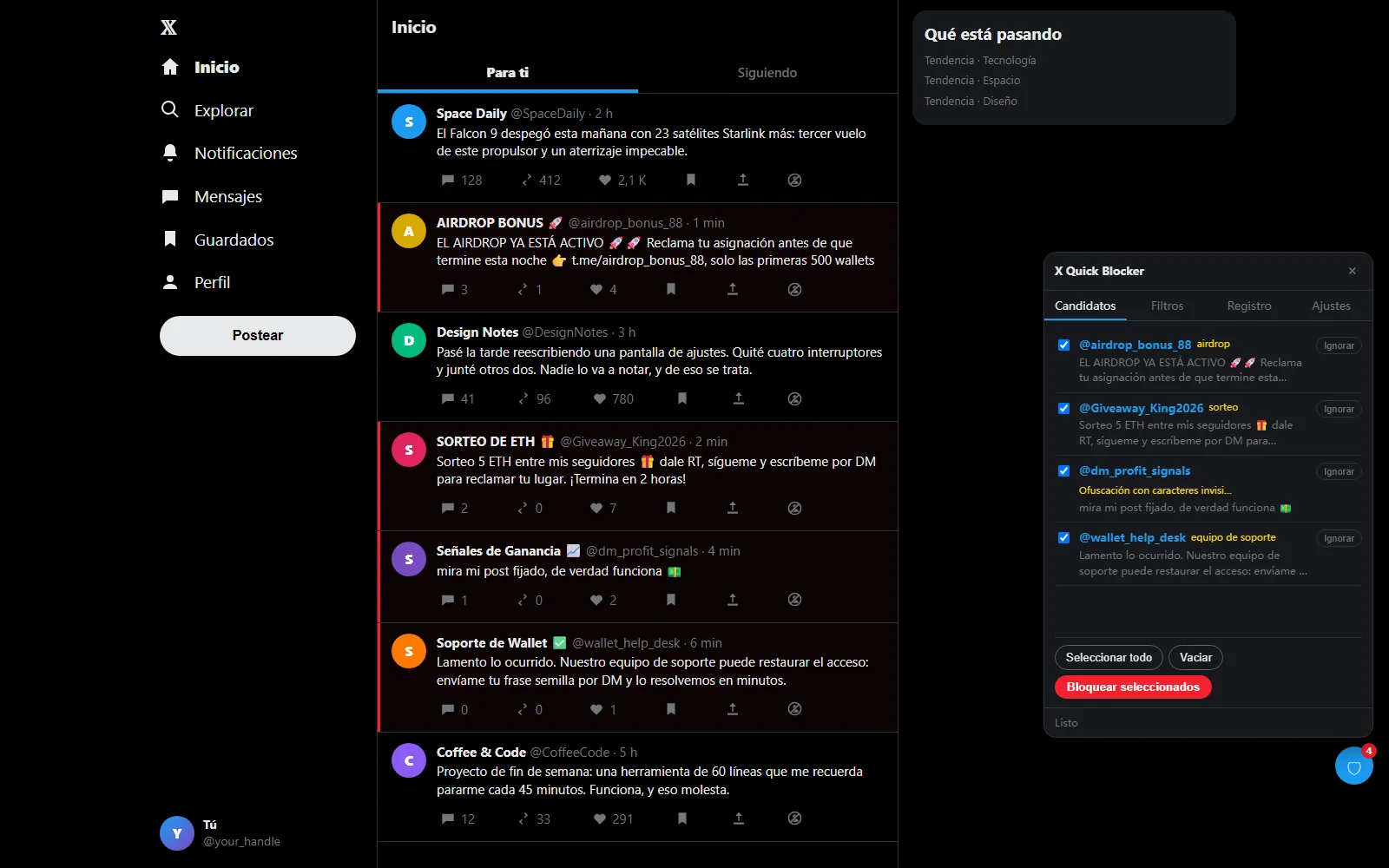X Spam Blocker: la lista de candidatos para bloquear spam en Twitter, junto a una cronología, con el botón Bloquear seleccionados