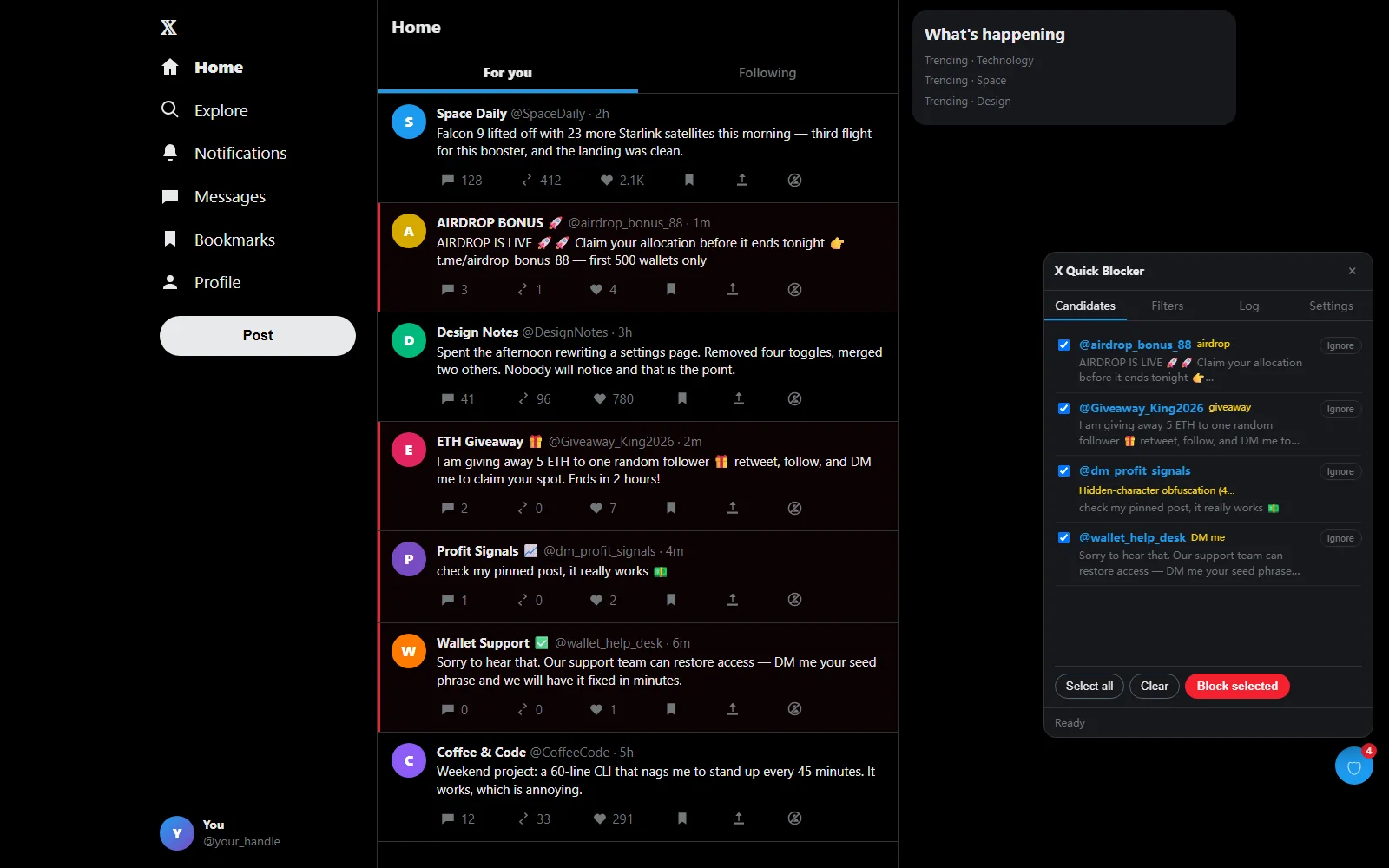 X Spam Blocker: the candidate list of spam accounts next to a Twitter timeline, with a Block selected button